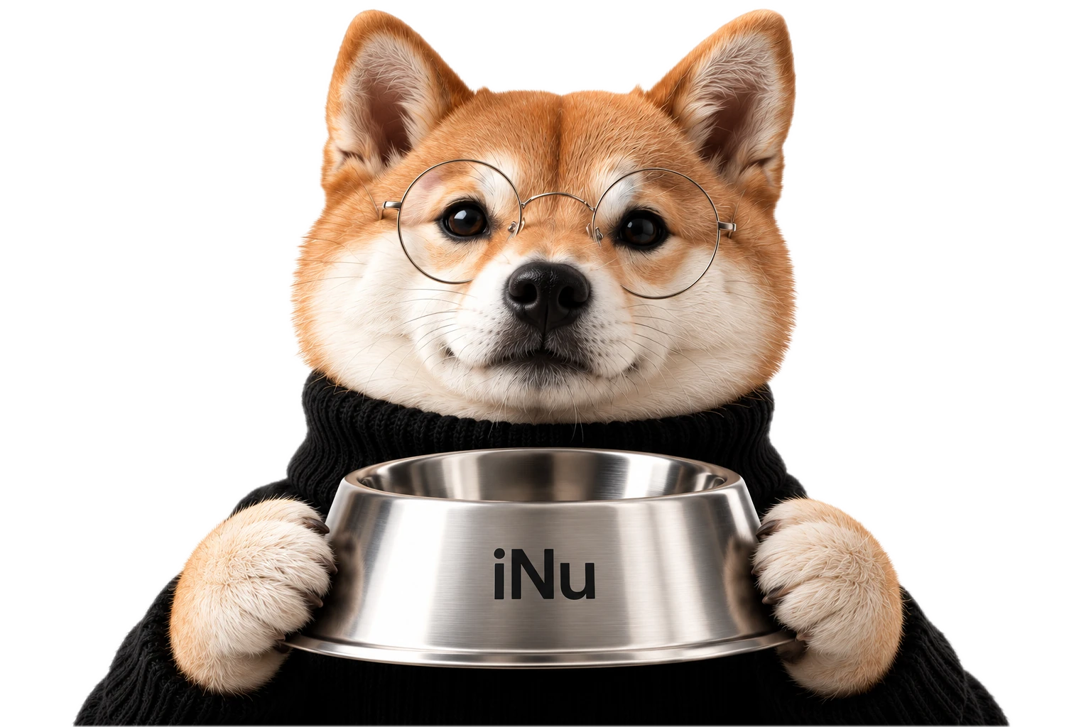iNu dog in a black turtleneck and round glasses holding a metal bowl
