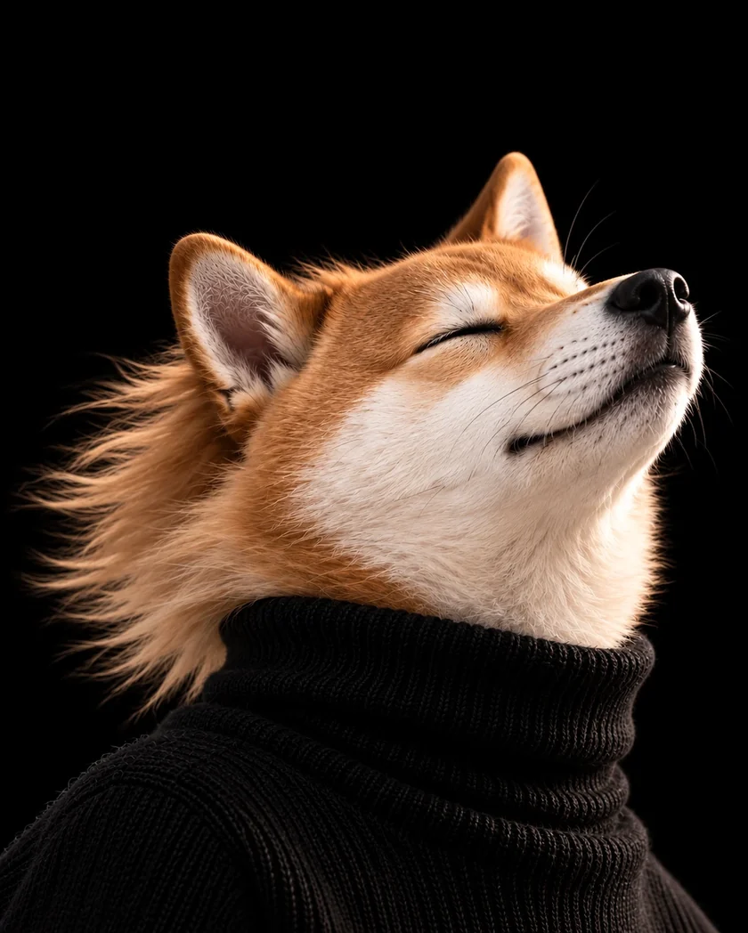 Shiba Inu in a black turtleneck with its eyes closed