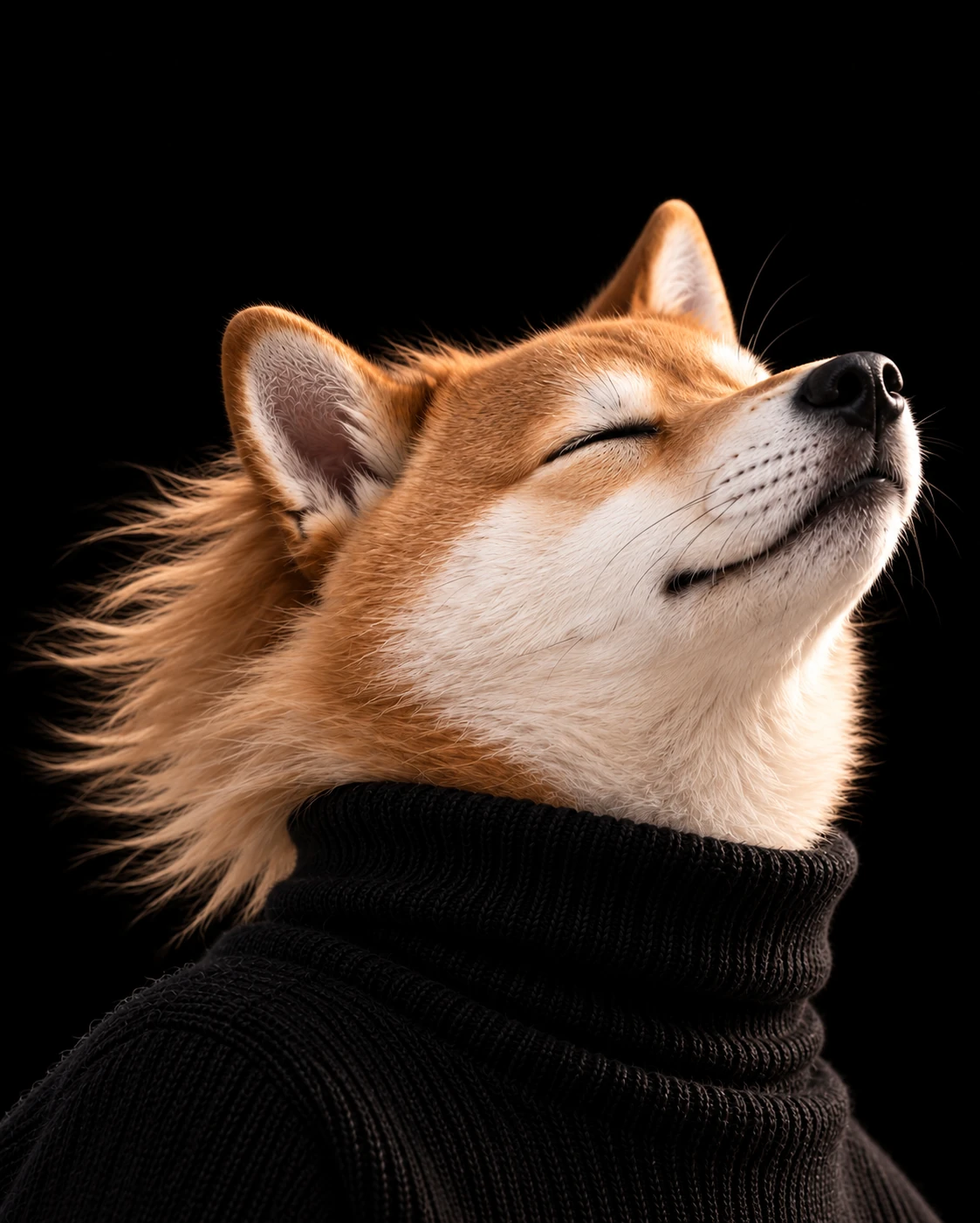 Shiba Inu in a black turtleneck with its eyes closed